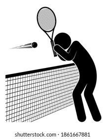 stick man figure, beginner tennis player covers his face from tennis ball flying at him. Active sports. Healthy lifestyle. Vector