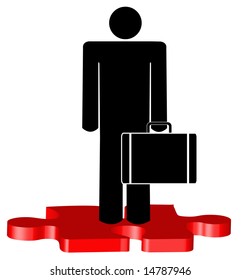stick man or figure with briefcase standing on red puzzle piece