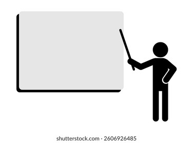Stick man figure poses presentation by pointing stick on a blank page. Simple copy space template for banner and text. 