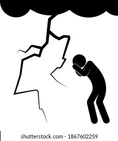 stick man figure protects against hurricane, electrical discharge of lightning strikes the ground in front of person. Storm. Electric shock. Vector