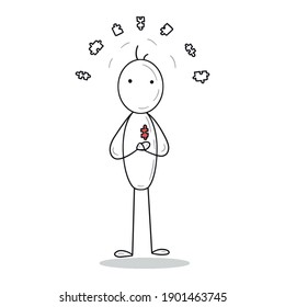 Stick man figure with red jigsaw puzzle instead of heart and lots of puzzles over the head. Concept of autism awareness day april 2. Complicated person with troubles in life, children disability