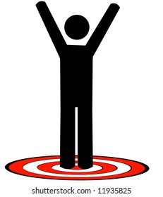 Stick Man Or Figure Standing On Red Target With Arms Raised Up - Vector