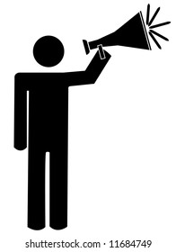 stick man or figure talking into bullhorn or megaphone - vector