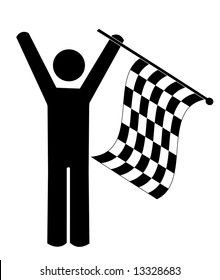 hombre de palo o figura ondeando la bandera de verificación - ganador - vector