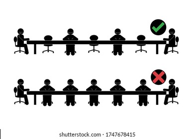 Stick Man ( Stick Figure) Wearing Mask Conference In Meeting Room And Keep Social Distance. New Normal And Social Distancing Concept Due Coronavirus Covid 19. Pictogram Vector Illustration.