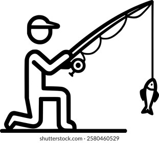 Stick man fishing. Fisherman silhouette with fishing rod on white sign, symbol, vector, art