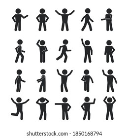 Stick man gestures and movement set. Simple poses and active actions abstract people running and slow walking pose of amazement despair with hands near head raised hand greeting. Vector silhouette.