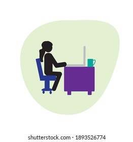 stick man girl working on laptop, remote work, home office, coronavirus infection prevention