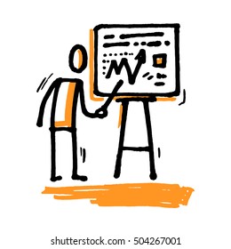 Stick man giving a presentation. Hand drawn vector illustration isolated on white.