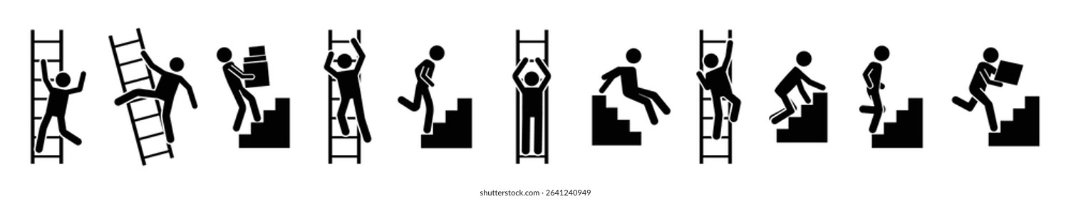 stick man go up black pictograms people climbing staircase ladder stick man silhouettes vector move me