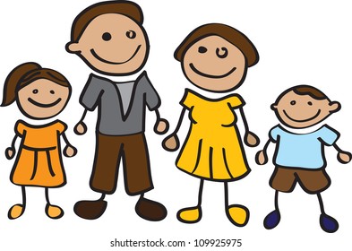 Stick man happy cartoon family vector illustration.