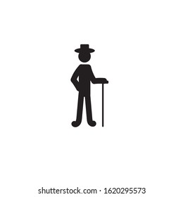 stick man in a hat and with a cane isolated on a white background