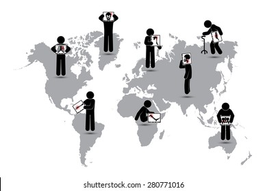 Stick man hold monitor screen :show skeleton,world map ( Worldwide Healthcare concept )( Pulmonary Tuberculosis , Arthritis , Cervical spondylosis , Lumbar spondylolisthesis , Scoliosis , Stroke )
