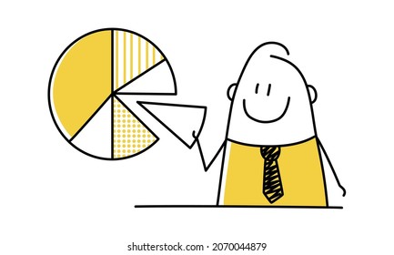 Stick man holding financial pie chart. Analytics concept. Doodle style. Vector illustration.