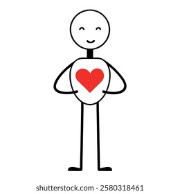 A Stick Man Holding A Hart-in Fromt of His Chast