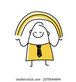 Stick man holding a rainbow in his hands. Doodle style. Vector illustration.
