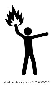Stick man holds fire in his hand. Illuminates the path, indicates the direction of movement. Isolated vector