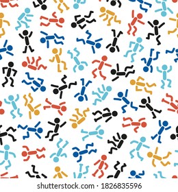 Stick Man Icons Seamless Pattern. Colorful Background from People Stick Figures in Different Poses. Stickman Repeating Texture. Various Human Signs Vector illustration