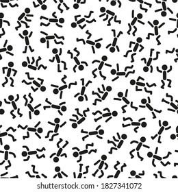 Stick Man Icons Seamless Pattern. Black and White Background from People Stick Figures in Different Poses. Stickman Repeating Texture. Various Human Signs Vector illustration