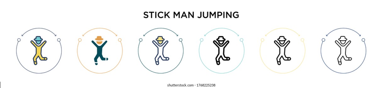 Stick man jumping icon in filled, thin line, outline and stroke style. Vector illustration of two colored and black stick man jumping vector icons designs can be used for mobile, ui, web