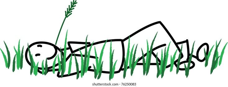 Stick man laying in grass on white background