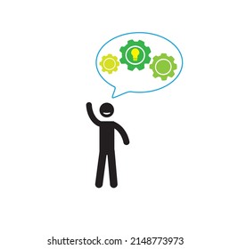 a stick man and a light bulb with gears on an information bubble, an idea concept, a pictogram of a human figure, a businessman