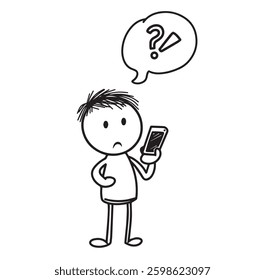 stick man looks puzzled at phone. vector illustration in doodle style