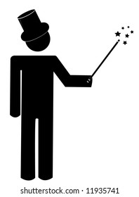 stick man or magician with magic hat and wand - vector