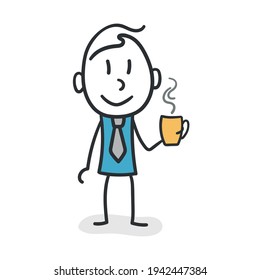 Stick man makes a coffee break. Concept of resolute stick man taking a break