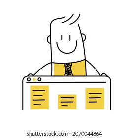 Stick man manager is standing near the dashboard on the laptop screen. Product management and development. Doodle style. Vector illustration.