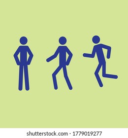 Stick man in motion isolated on yellow background, icon. Silhouette of a man running. walking, standing.