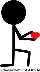 Stick a man is on one knee holding a heart in his hands
