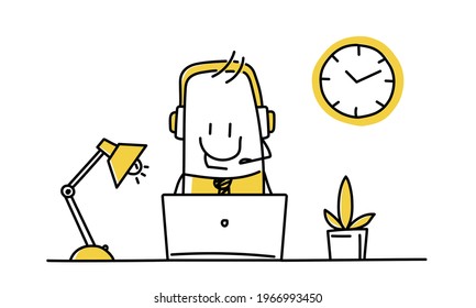 Stick man operator with headphones and microphone. Consulting, job online, internet. Call centre, help. Vector illustration. 