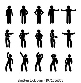 stick man pictogram set, poses and gestures illustration, human silhouette icon set, people waving hands