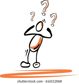 Stick man with question mark. Hand drawn vector illustration isolated on white. Vector illustration.