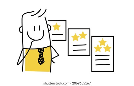 Stick man and rating cards. Choosing the right tariff plan. Doodle style. Vector illustration.