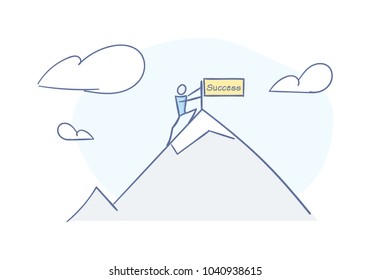 Stick man reaching top of the mountain representing success and achievment. Vector character doodle illustration