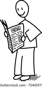 Hombre de palos leyendo un periódico aislado en fondo blanco