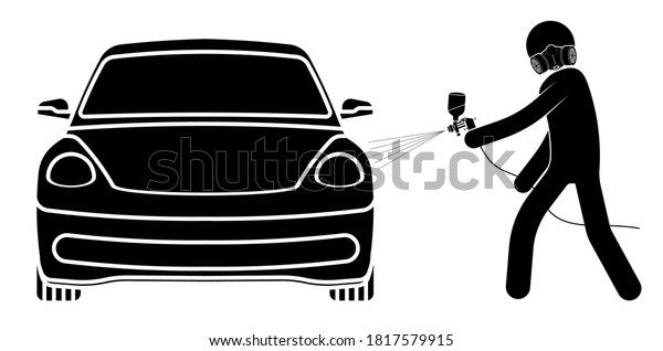 stick man, repairman paints car after repair with\
air brush. Accurate color matching before painting the car in\
workshop. Vector