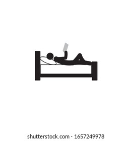stick man resting on bed with phone in hand isolated on white background