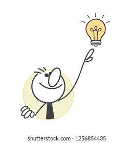 Stick man in a round hole pointihg to the bulb.