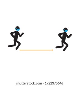 Stick man running in a medical mask. Social distance in sporting activities. Prevention of coronavirus.