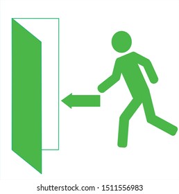  stick man running towards open door, emergency exit sign