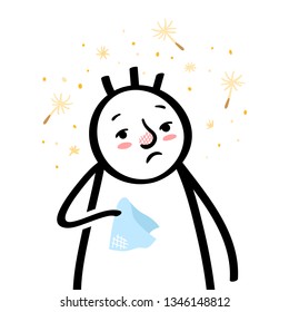 Stick man with runny nose, holding tissue surrounded by pollen