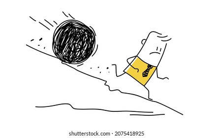 Stick man runs away from a large stone rolling down the hill. Doodle style. Vector illustration.