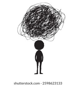 stick man, sad thoughts, depression. vector illustration in doodle style