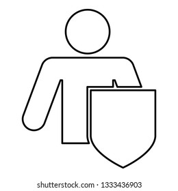 Stick man with shield Protecting personal data concept Man holding shield for reflecting attack Protected from attack idea icon black color outline vector illustration flat style simple image