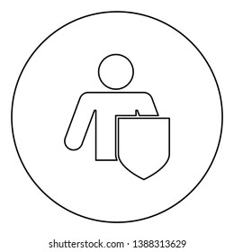 Stick man with shield Protecting personal data concept Man holding shield for reflecting attack Protected from attack idea icon in circle round outline black