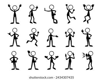 Stick man silhouette character with various expressions. Vector illustration.