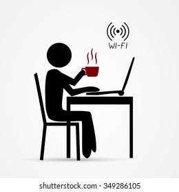 Stick man sits in internet cafe